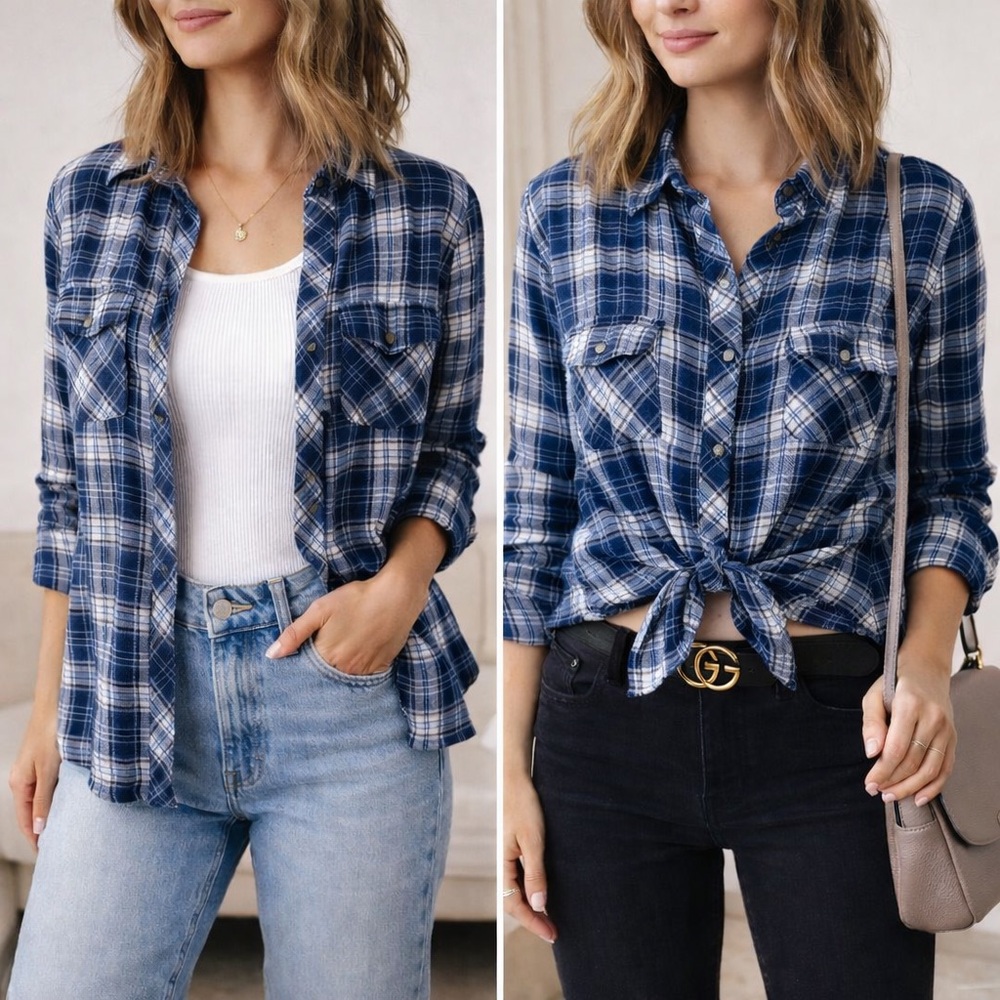 Kut from the Kloth Blue and White Plaid Button Down Shirt